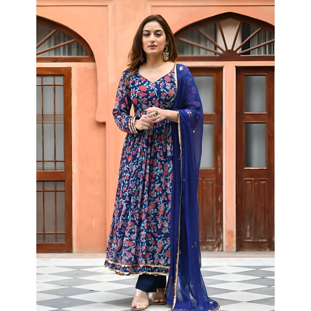 Floral Blue and Pink Dress with Dupatta